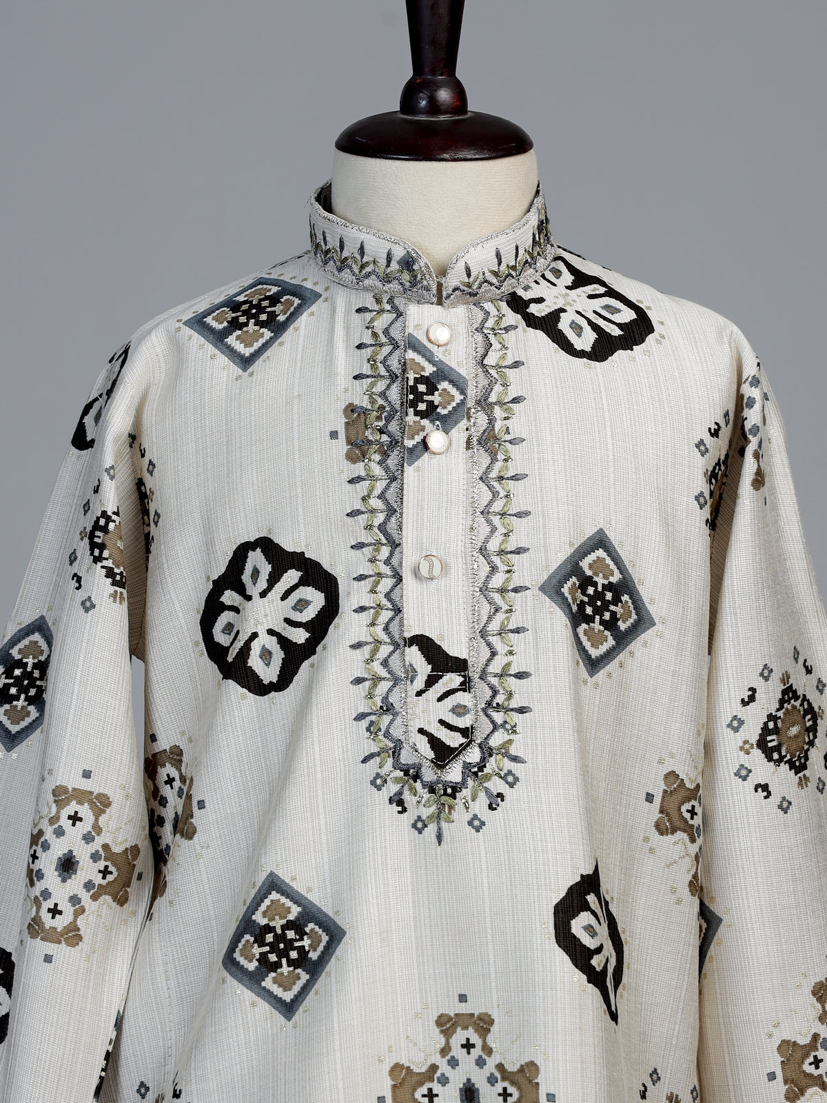 Off white geometric patola boys kurta suit
