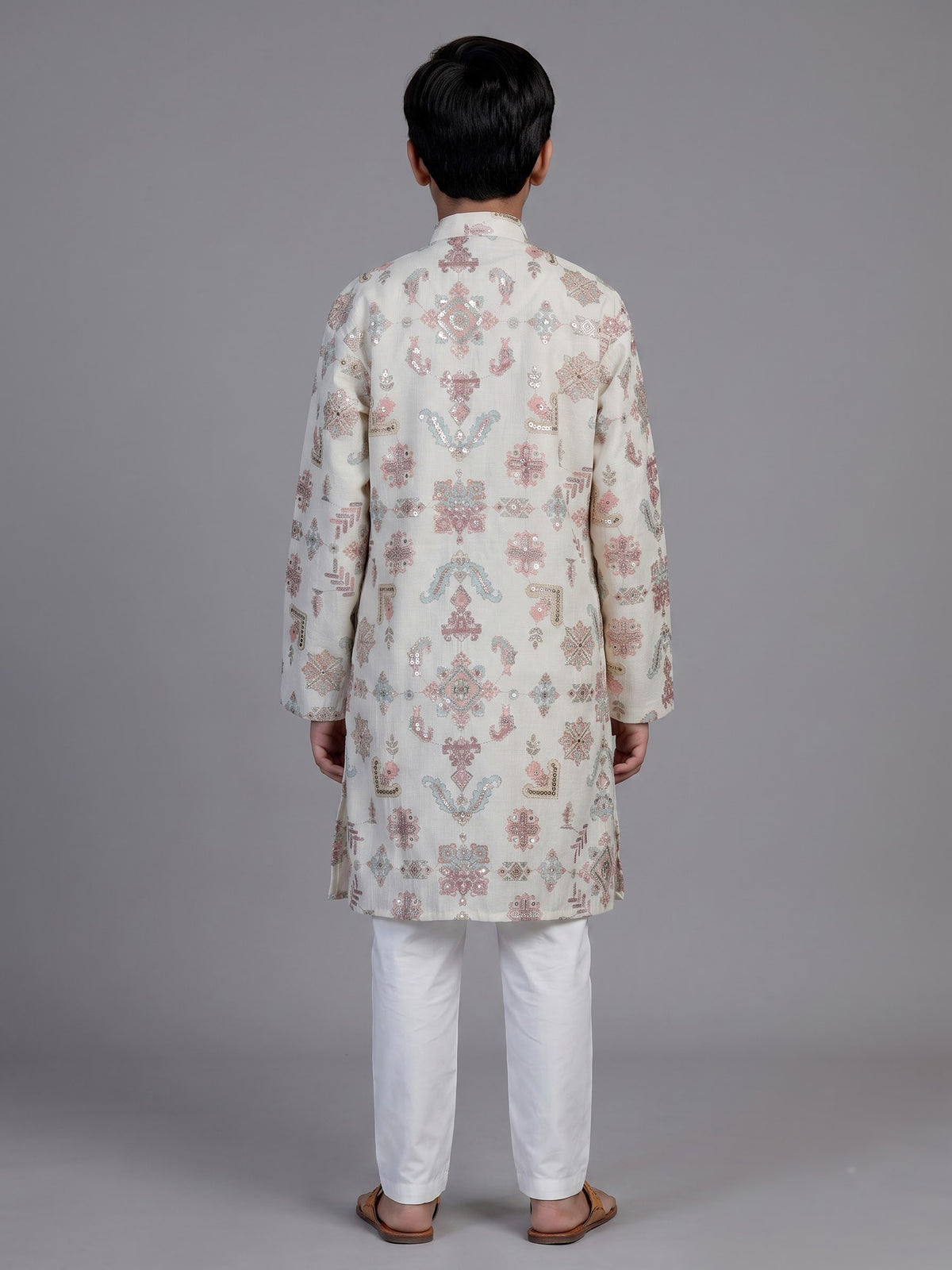 Cream mughal print boys kurta suit