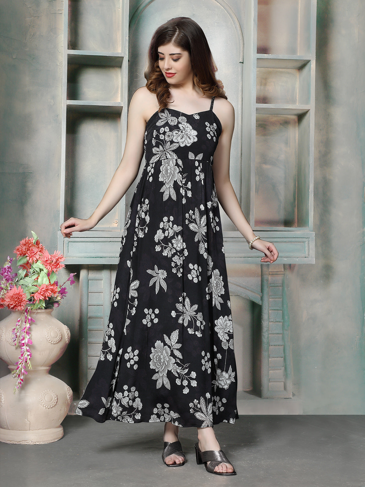 Charcoal black floral sketch women maxi dress