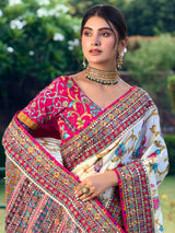 Cream crepe silk women floral garden saree