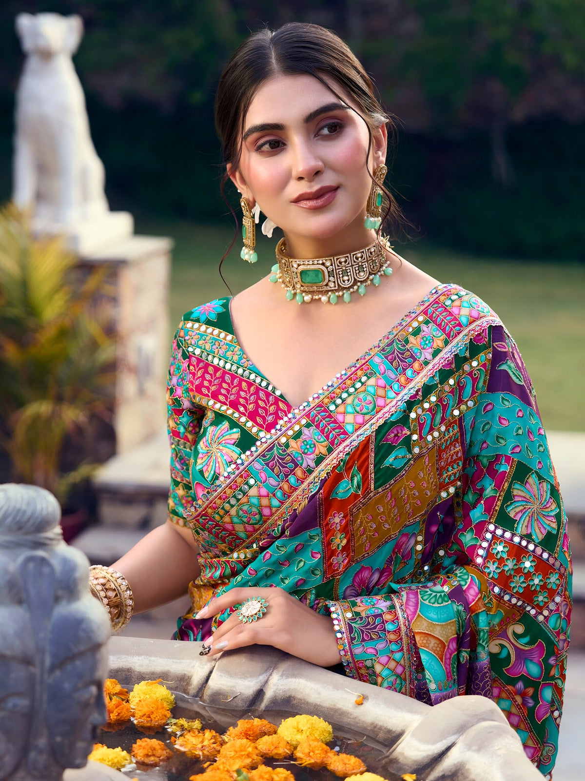 Multicolor crepe silk women mughal mosaic saree