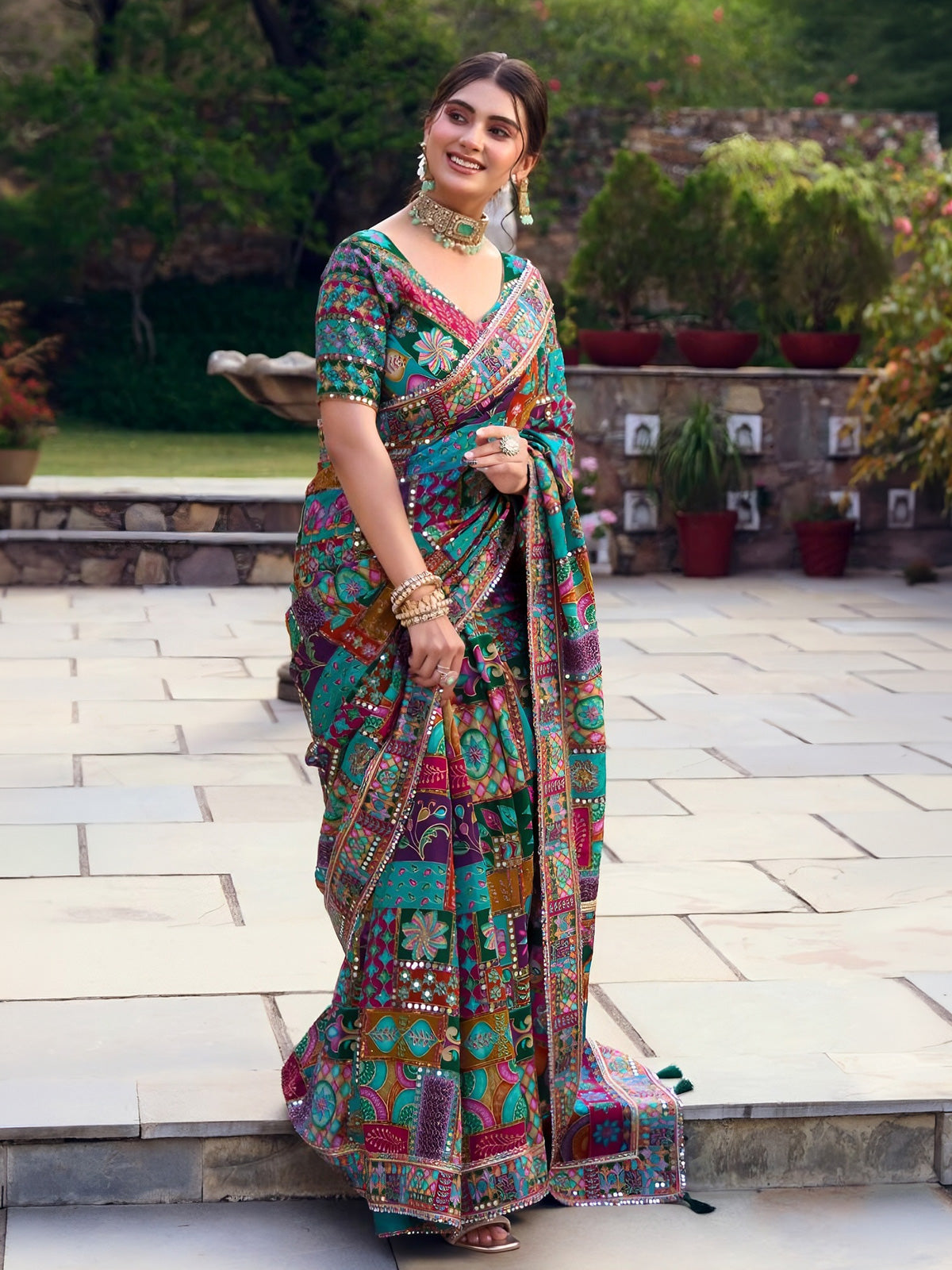 Multicolor crepe silk women mughal mosaic saree