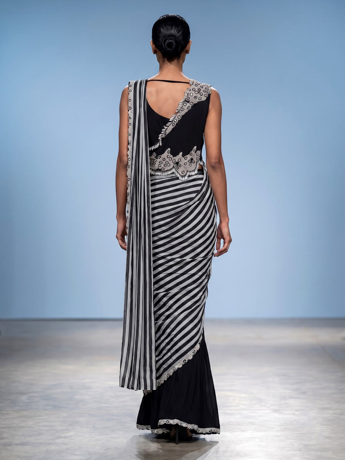 Black pearl fringe ready to wear saree for women
