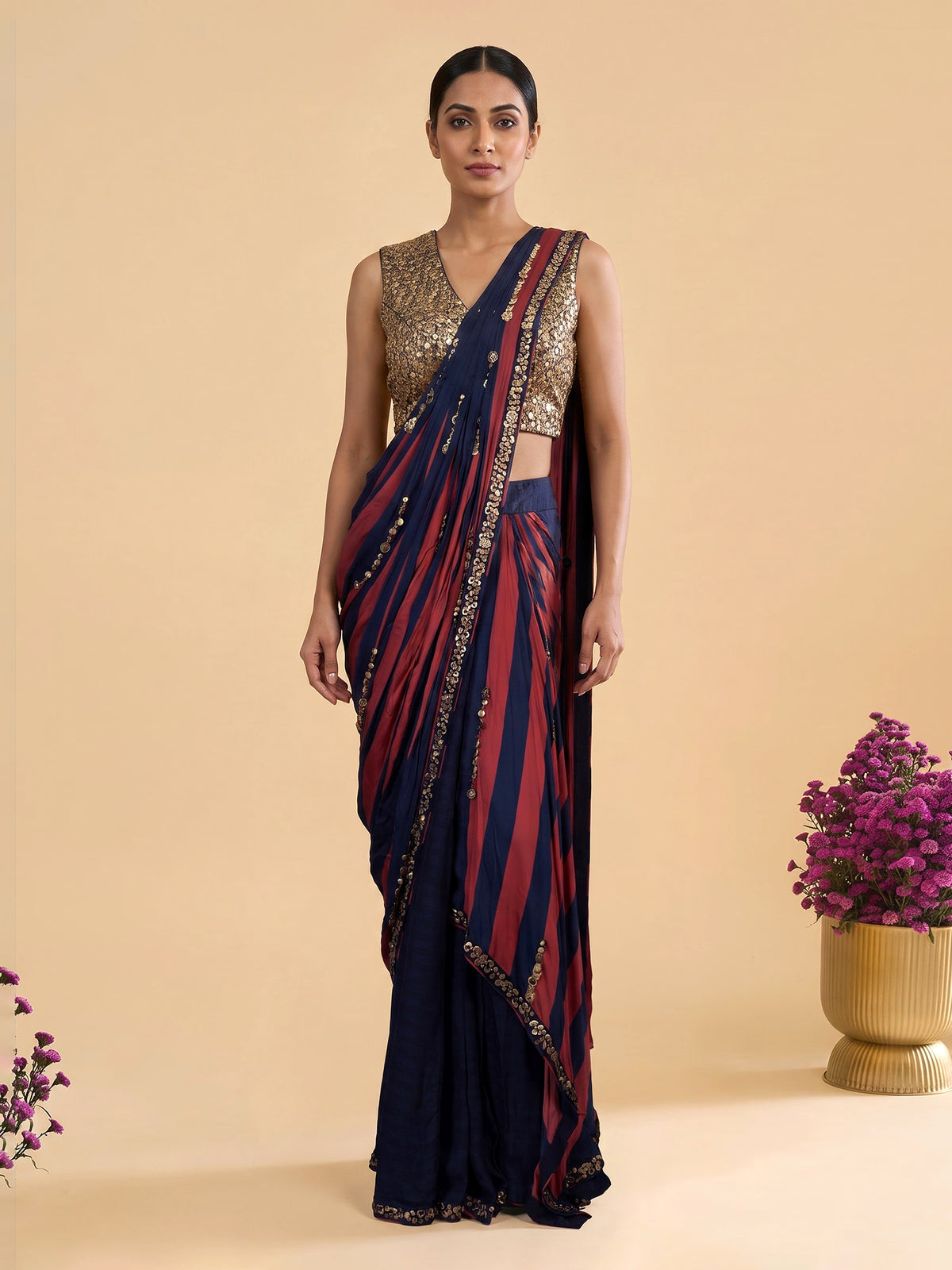 Rust blue striped ready to wear saree for women