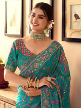 Peacock teal blue crepe silk women jamawar saree