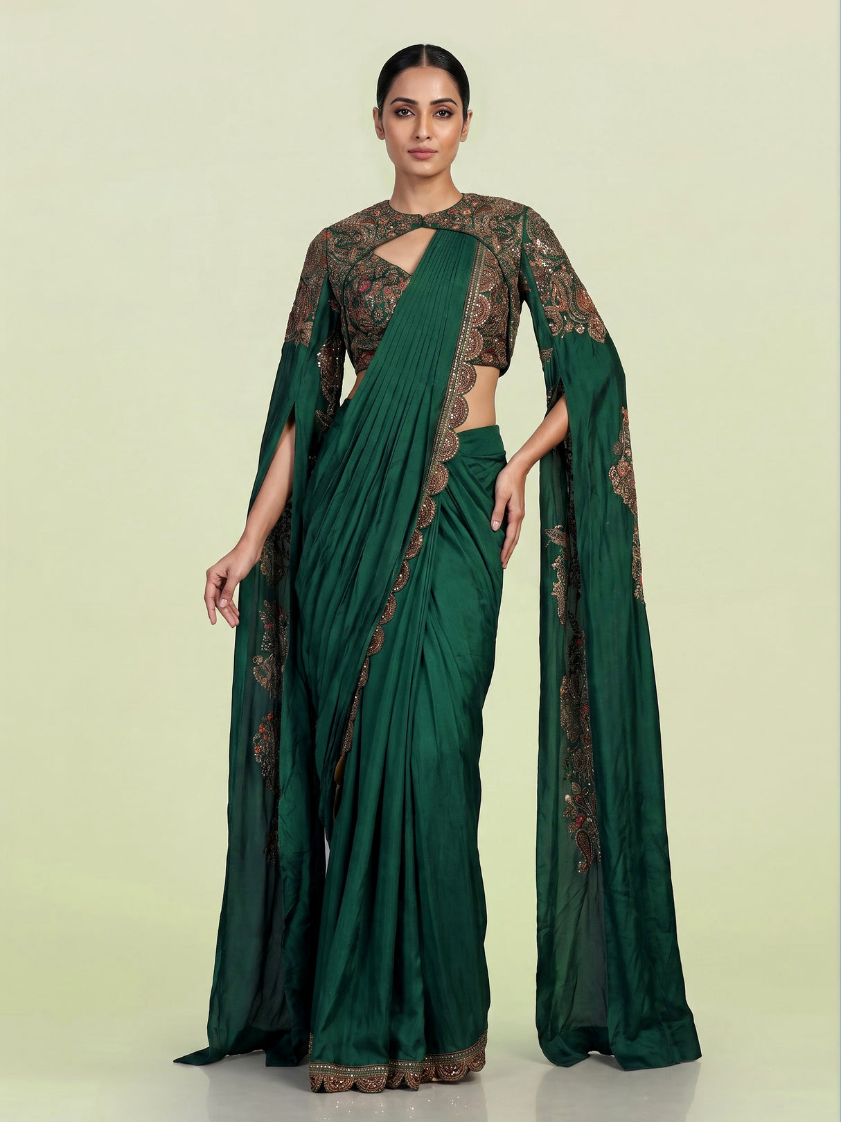 Bottle green cape style ready to wear saree for women