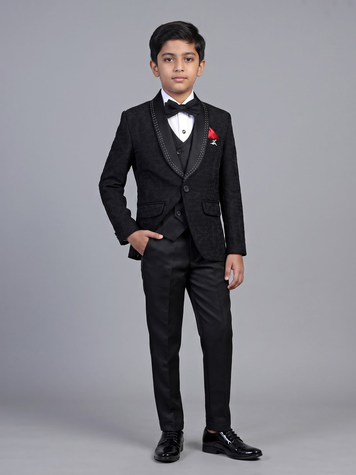 Black floral brocade shawl collar coat suit