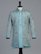 Blue embroidered dupioni silk indo western