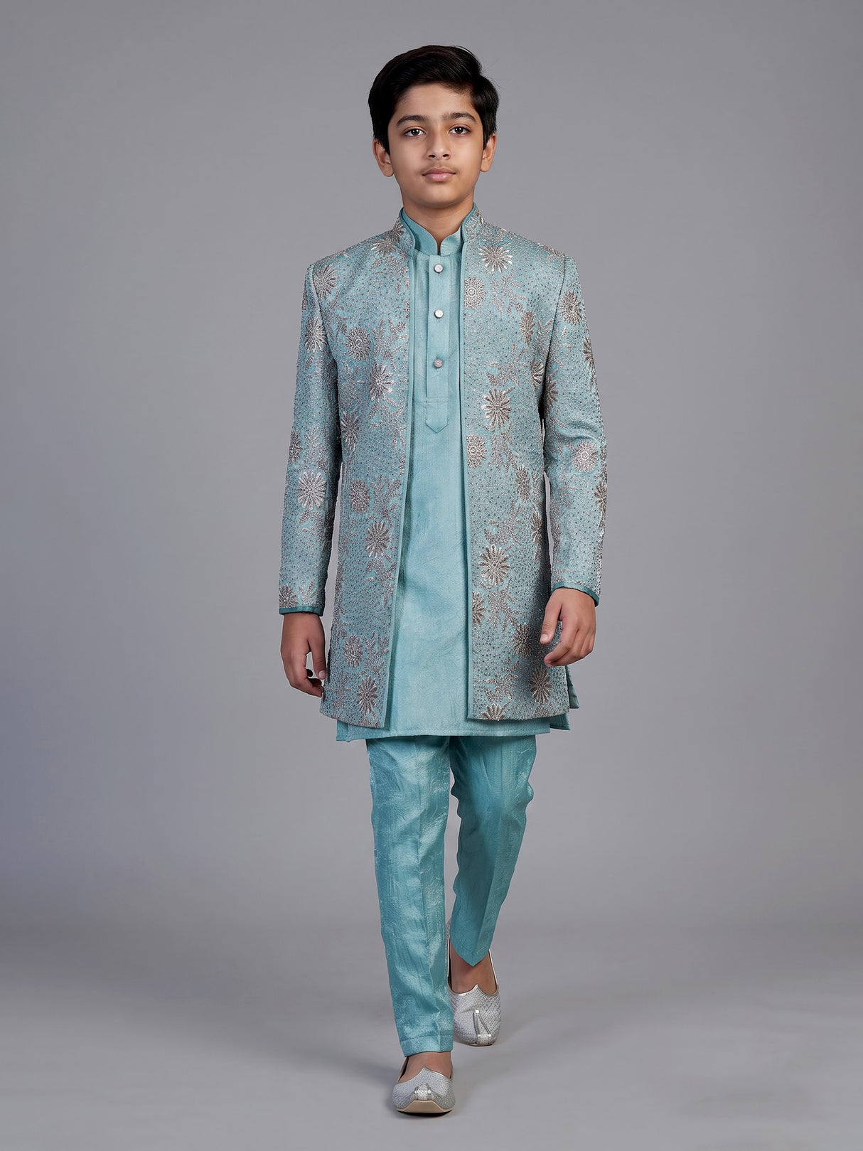 Blue embroidered dupioni silk indo western