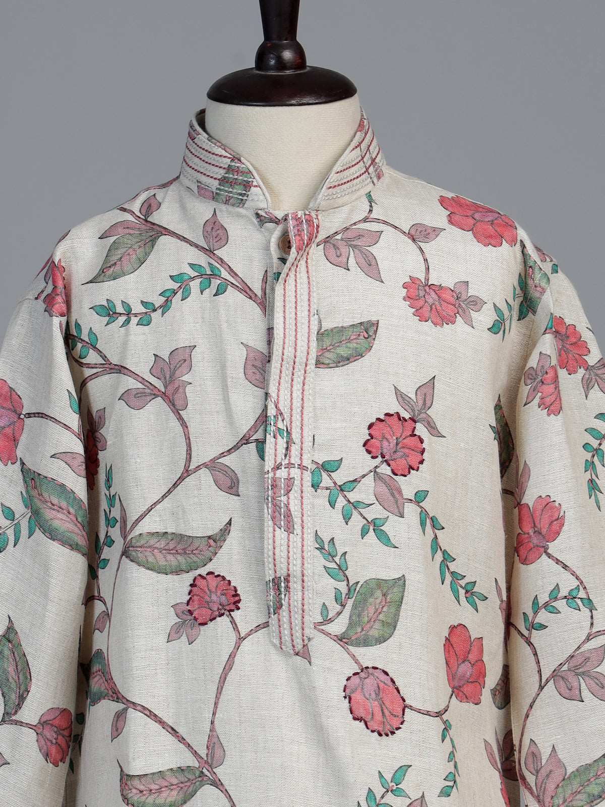 Natural ivory lotus printed linen kurta suit