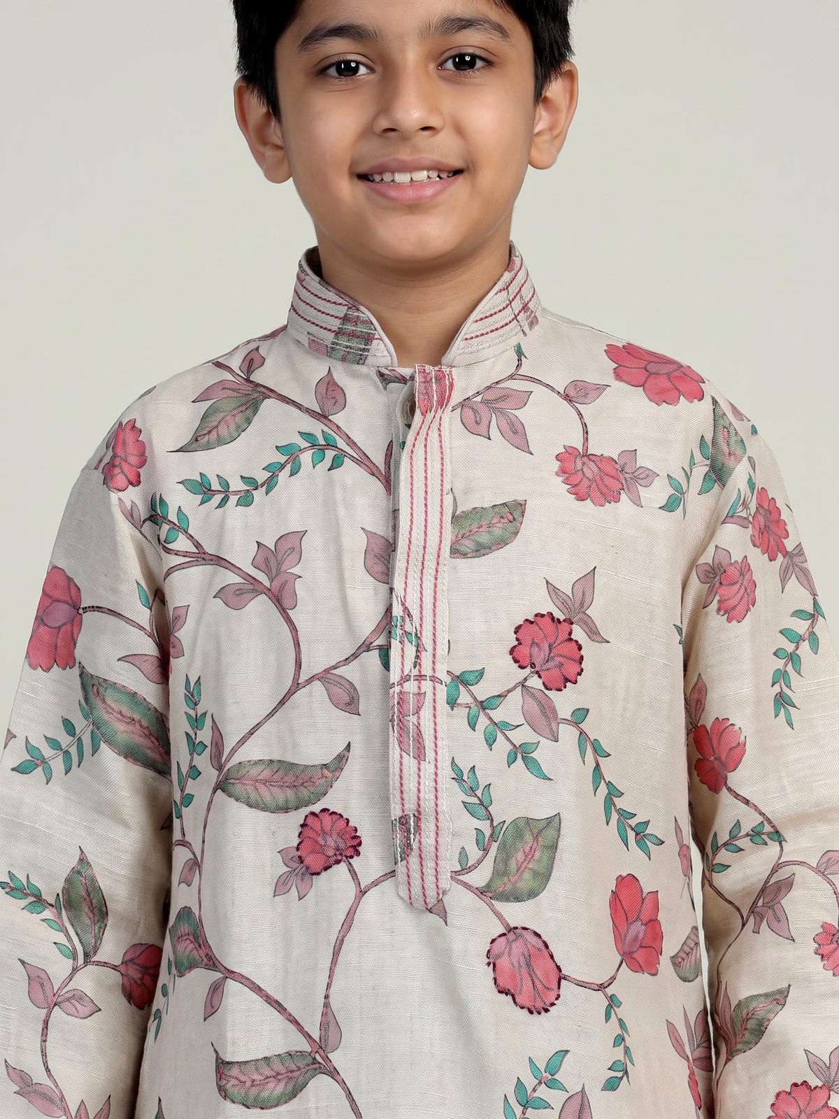 Natural ivory lotus printed linen kurta suit