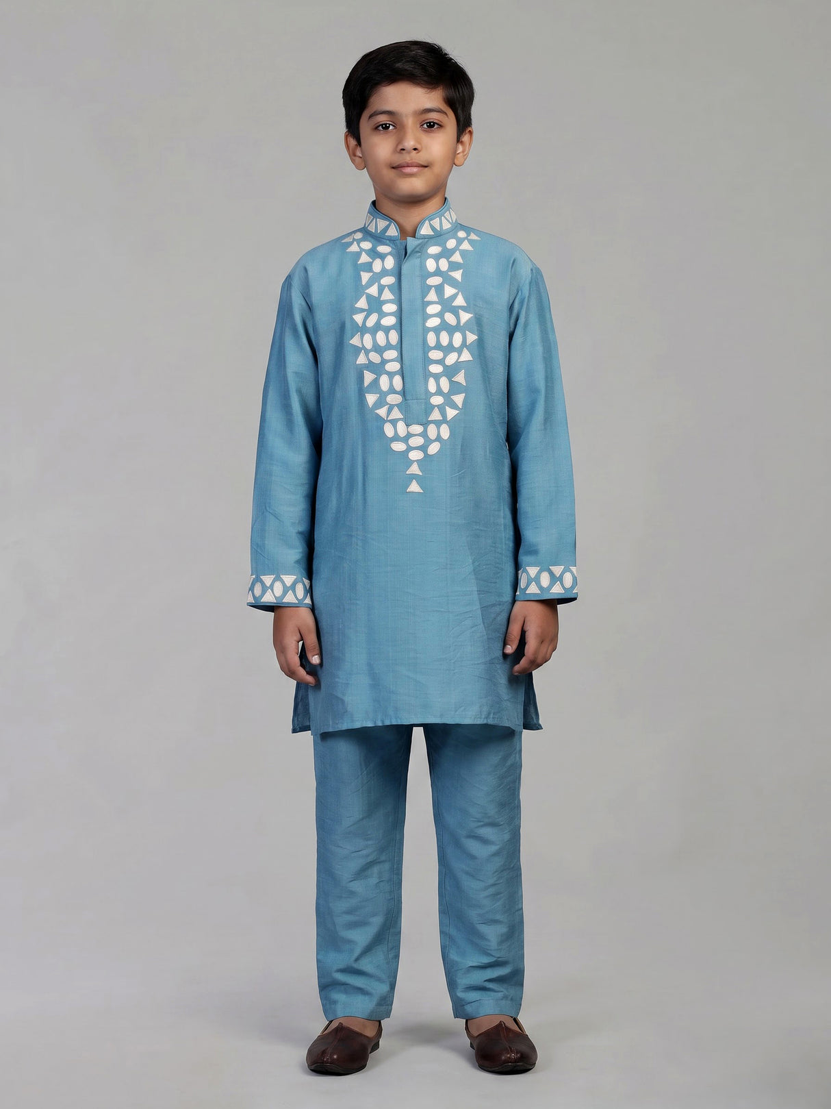 Cerulean blue geometric linen kurta suit