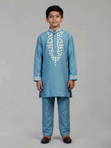Cerulean blue geometric linen kurta suit