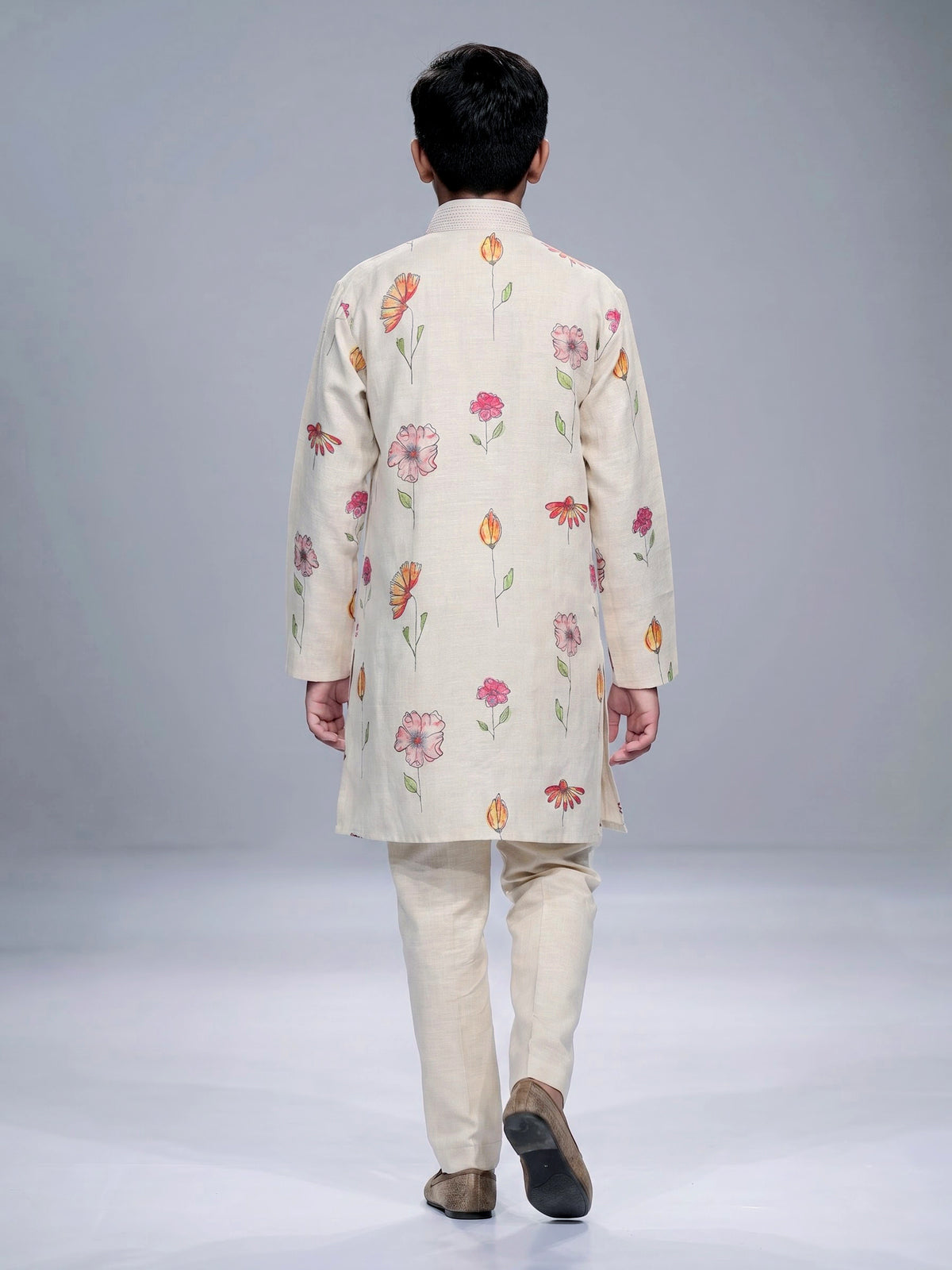 Off white floral printed linen kurta suit