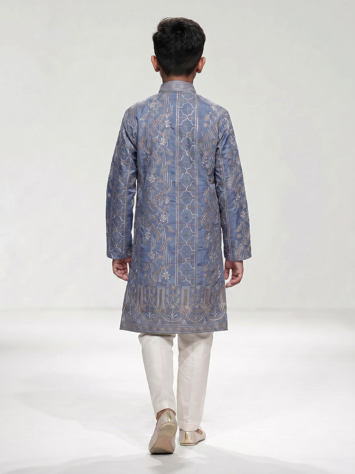 Pastel slate blue botanical dupioni kurta suit