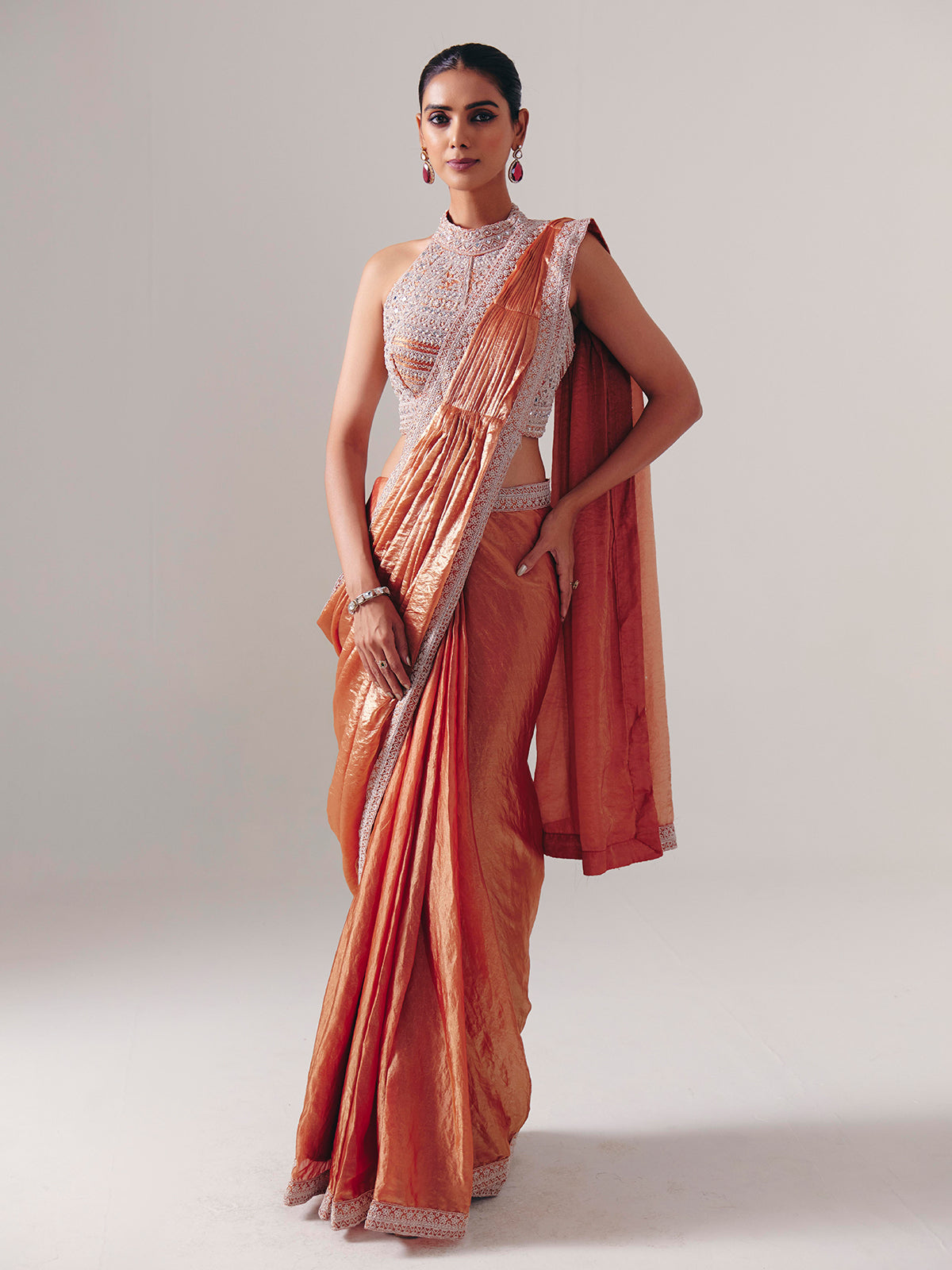 Orange chiffon silk ready to wear saree for reception