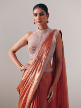 Orange chiffon silk ready to wear saree for reception