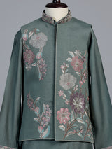 Sage green geometric linen silk waistcoat set