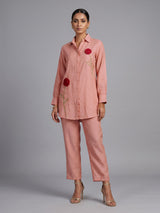 Elegant aqua blue linen co ord set with delicate threadwork