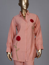 Elegant aqua blue linen co ord set with delicate threadwork
