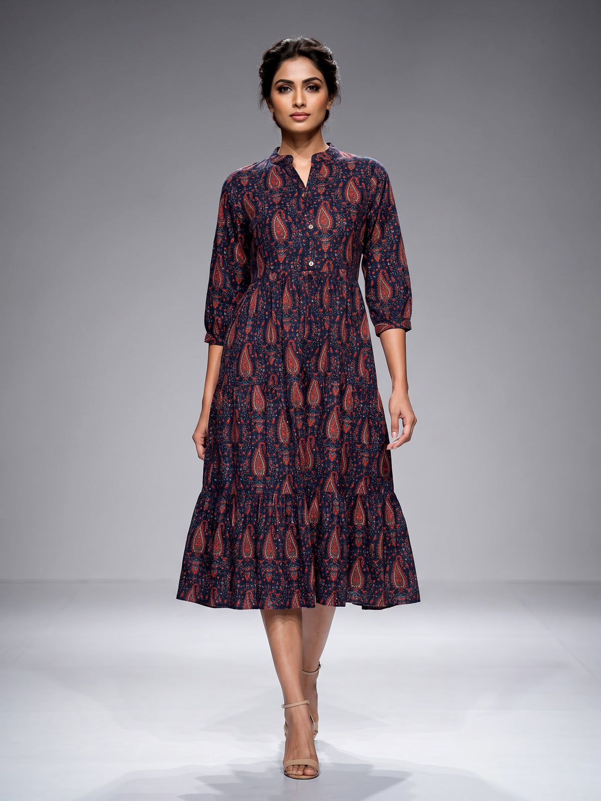 Navy cotton silk printed kurti with refined stand collar