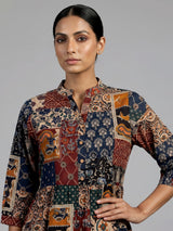 Multicolor cotton silk printed kurti with stand collar elegance