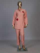 Peach linen blend co ord set with delicate threadwork