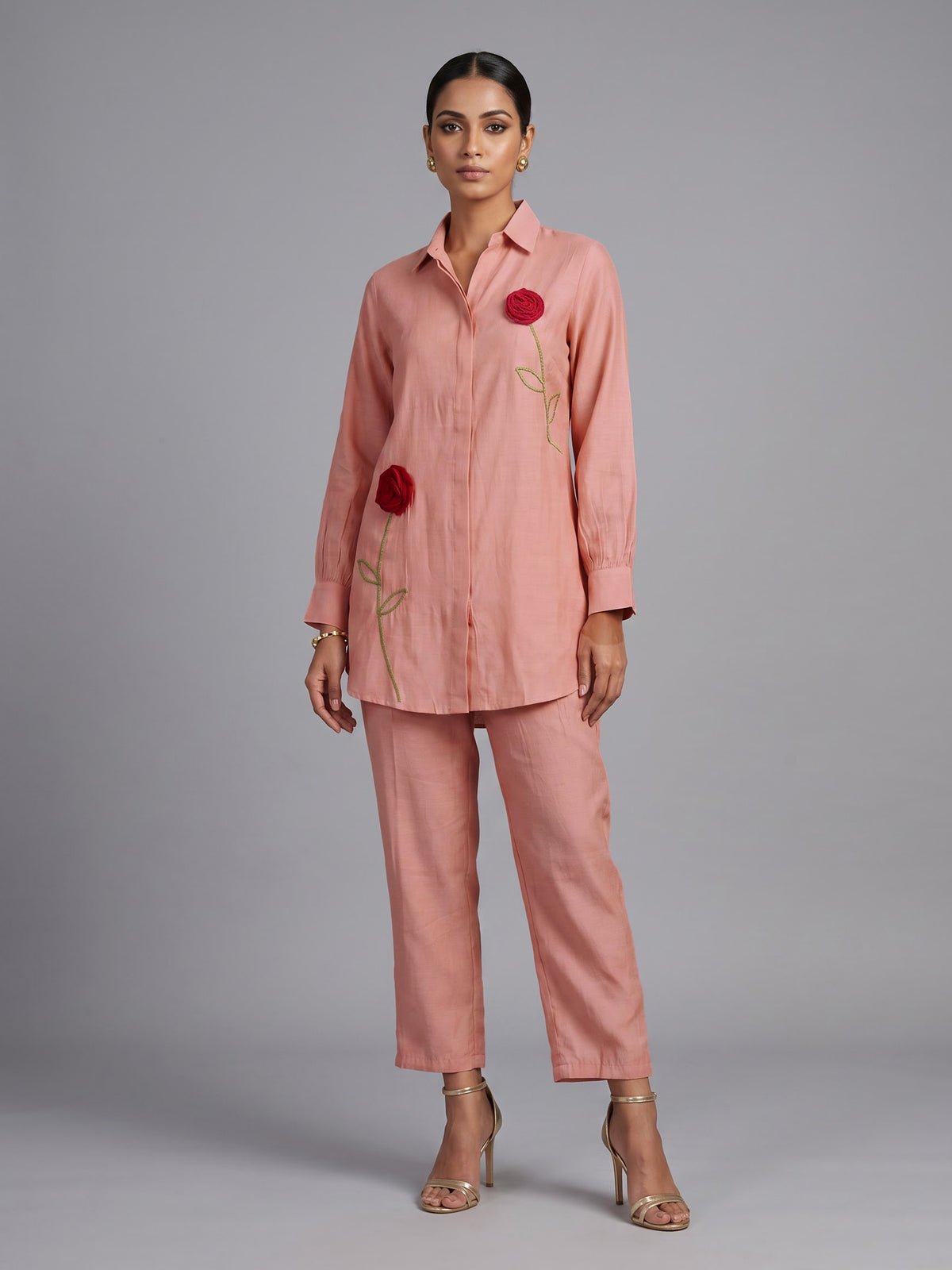 Peach linen blend co ord set with delicate threadwork
