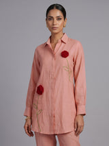 Peach linen blend co ord set with delicate threadwork