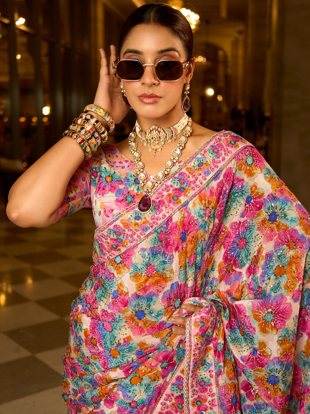 Multicolor crepe silk women festive Patola saree with V neck blouse
