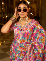 Multicolor crepe silk women festive Patola saree with V neck blouse