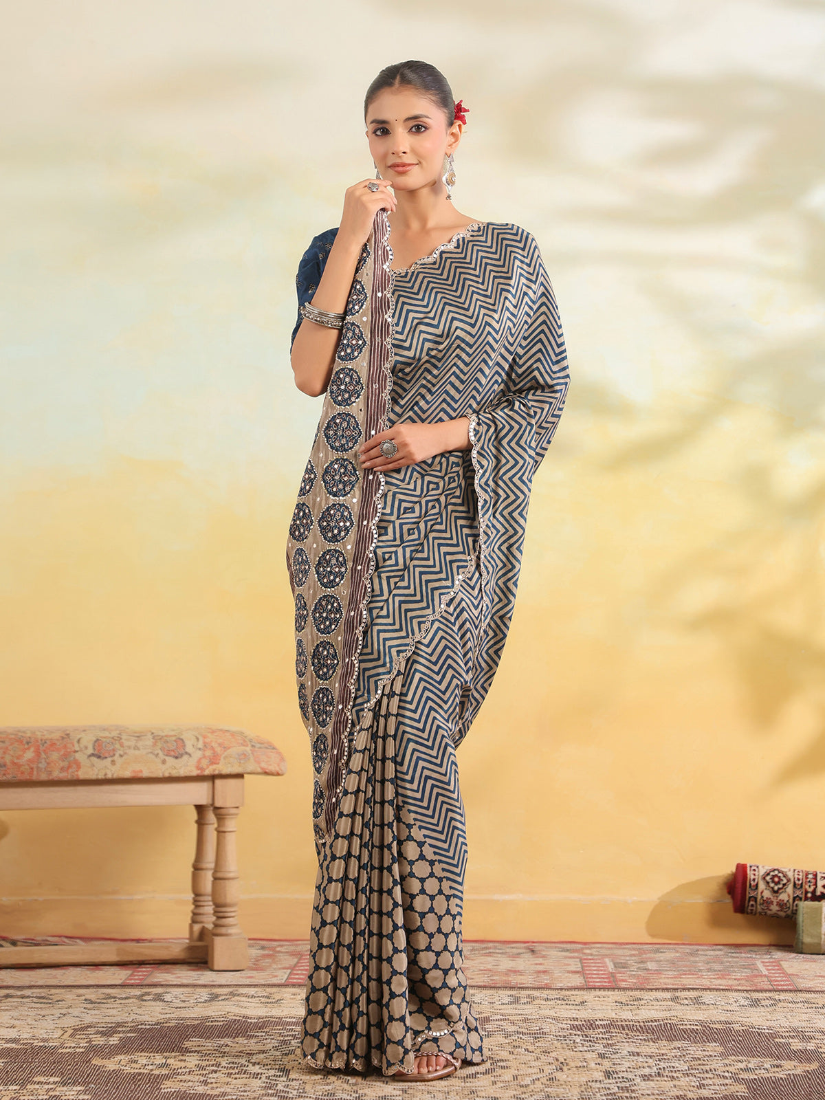 Indigo blue chevron printed saree for women