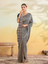Indigo blue chevron printed saree for women