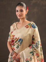 Warm ivory botanical printed saree for women