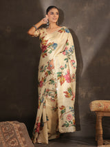 Warm ivory botanical printed saree for women