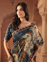 Slate grey blue kalamkari saree for women