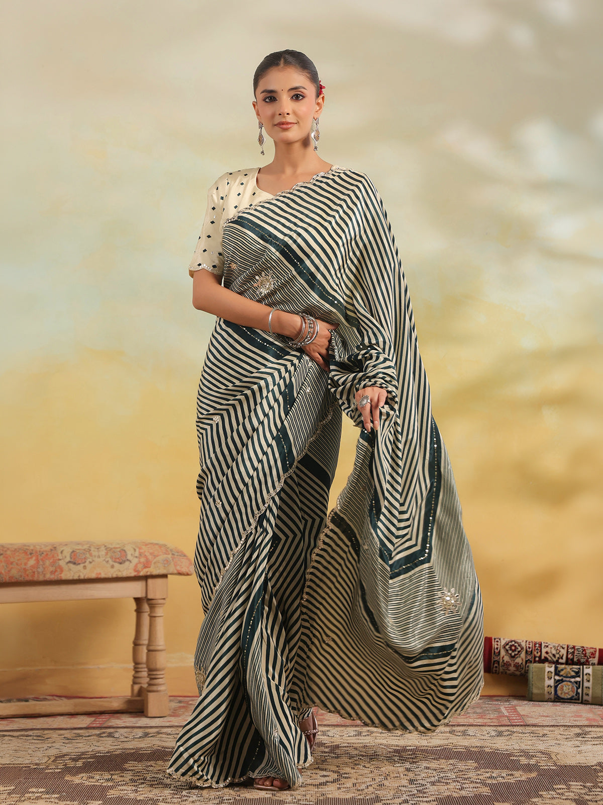 Teal green leheriya mirror work saree