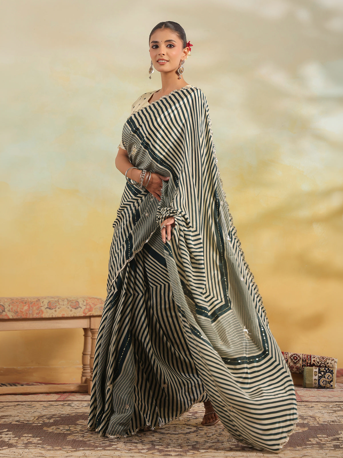 Teal green leheriya mirror work saree