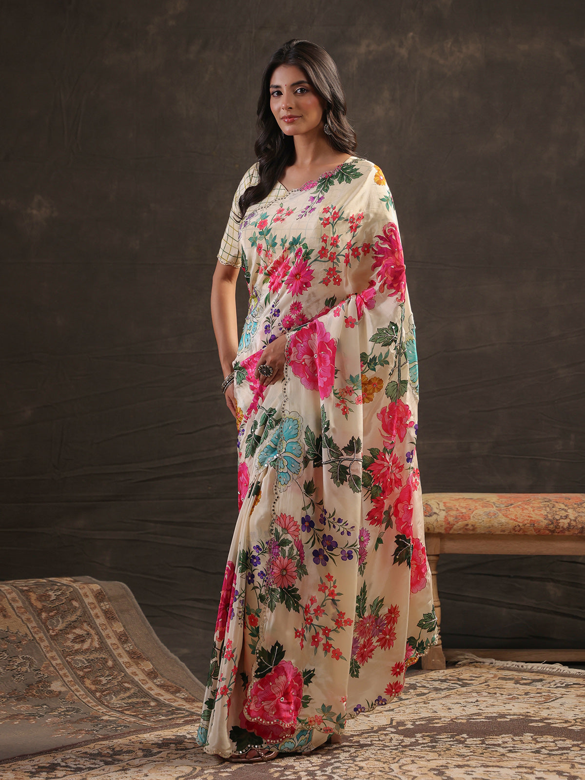 Off white floral fusion printed saree