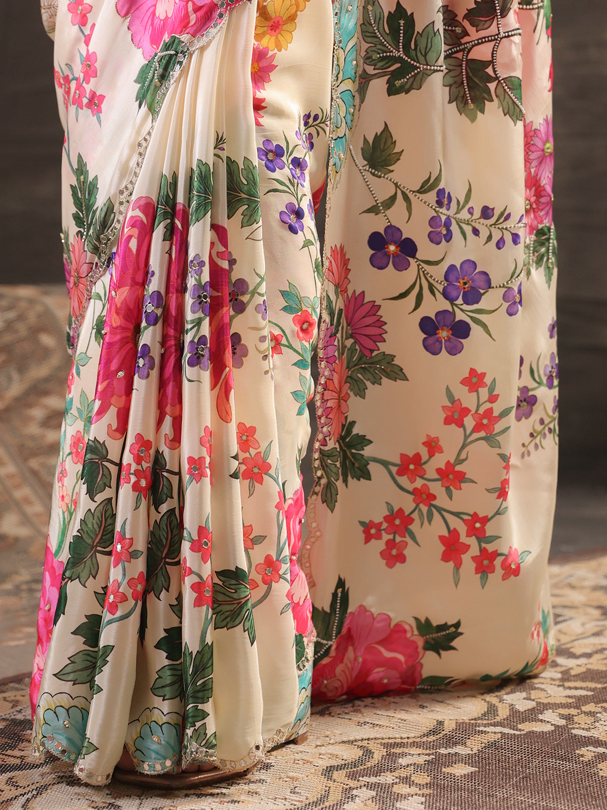 Off white floral fusion printed saree