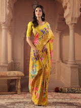 Vibrant mustard yellow fusion printed saree