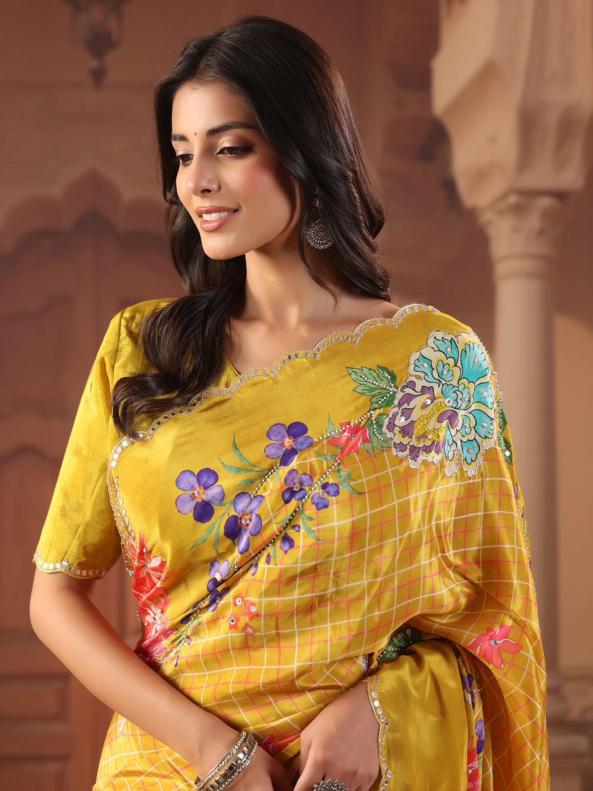 Vibrant mustard yellow fusion printed saree