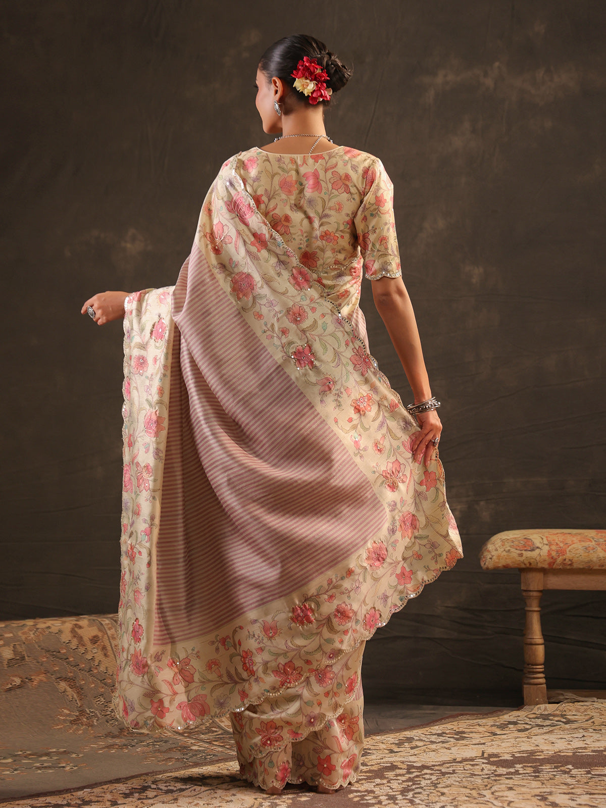 Pastel rose pink floral striped saree