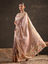Pastel rose pink floral striped saree