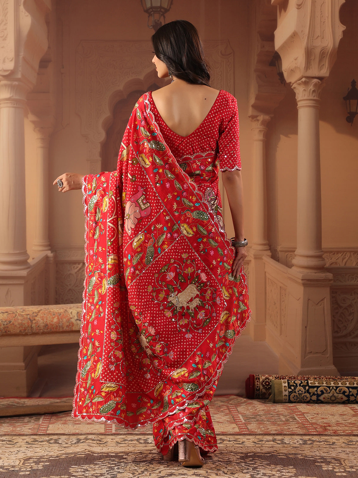 Vermilion red peacock bandhani saree for women