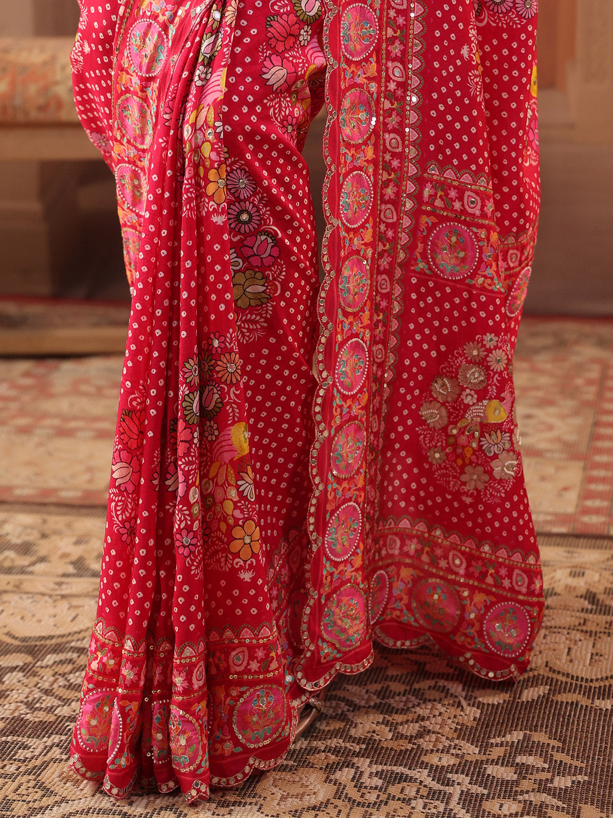 Ruby pink bandhani chakra saree for women