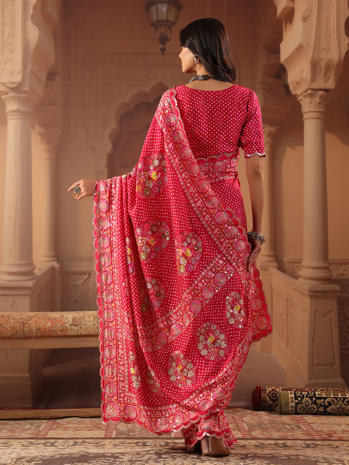 Ruby pink bandhani chakra saree for women