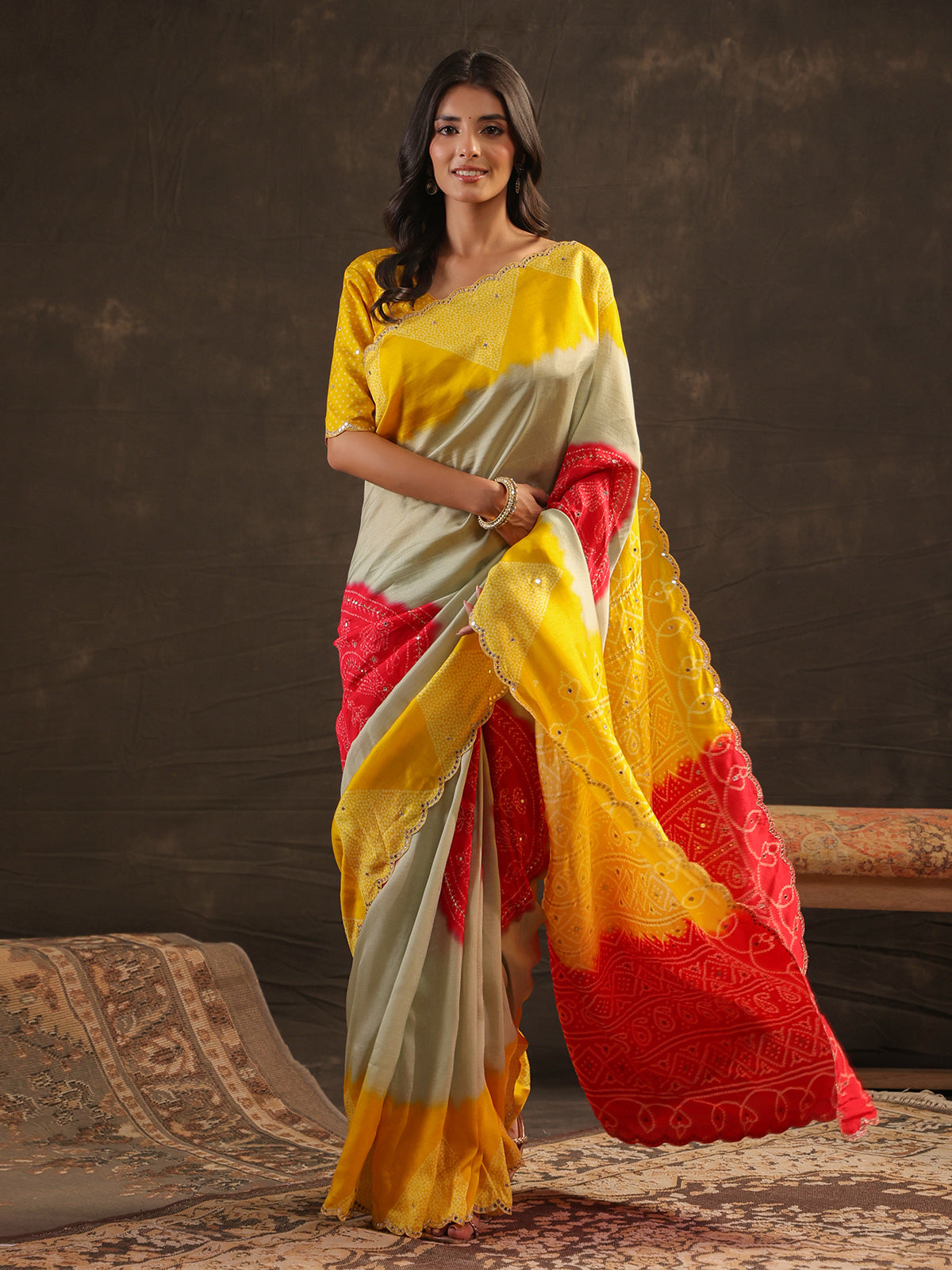 Yellow shaded bandhani printed saree for women