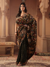 Deep olive green peacock kalamkari saree