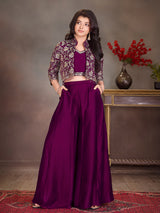 Wine floral embroidered girls palazzo suit